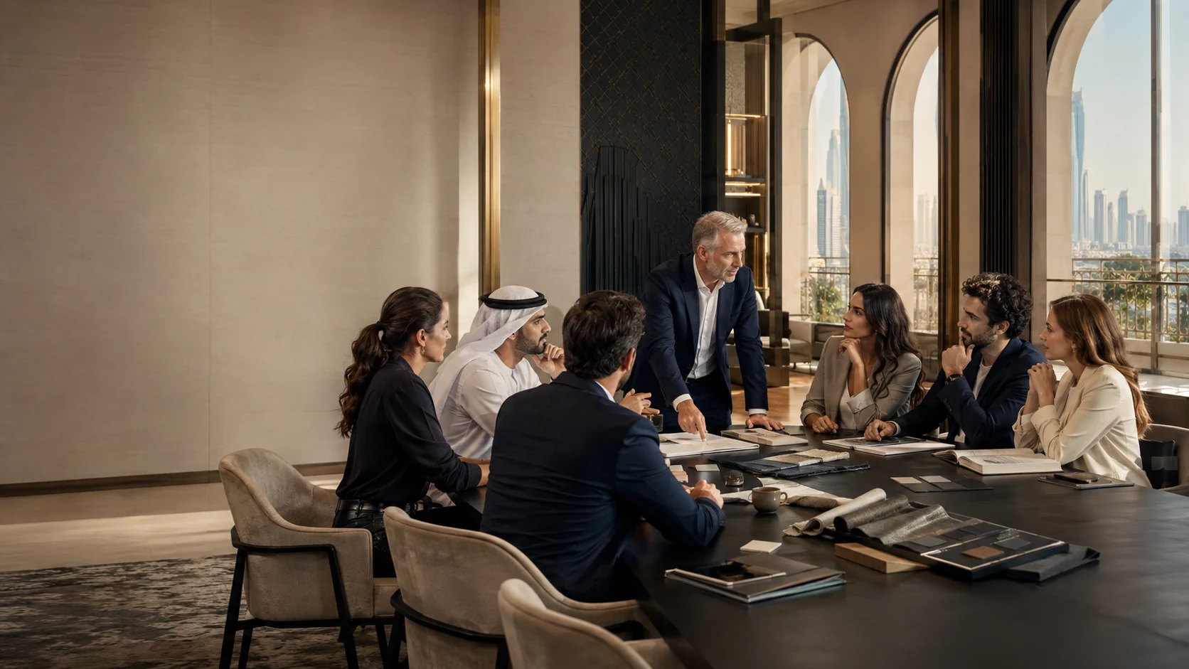 International executives collaborating in a luxury brand strategy workshop in Dubai