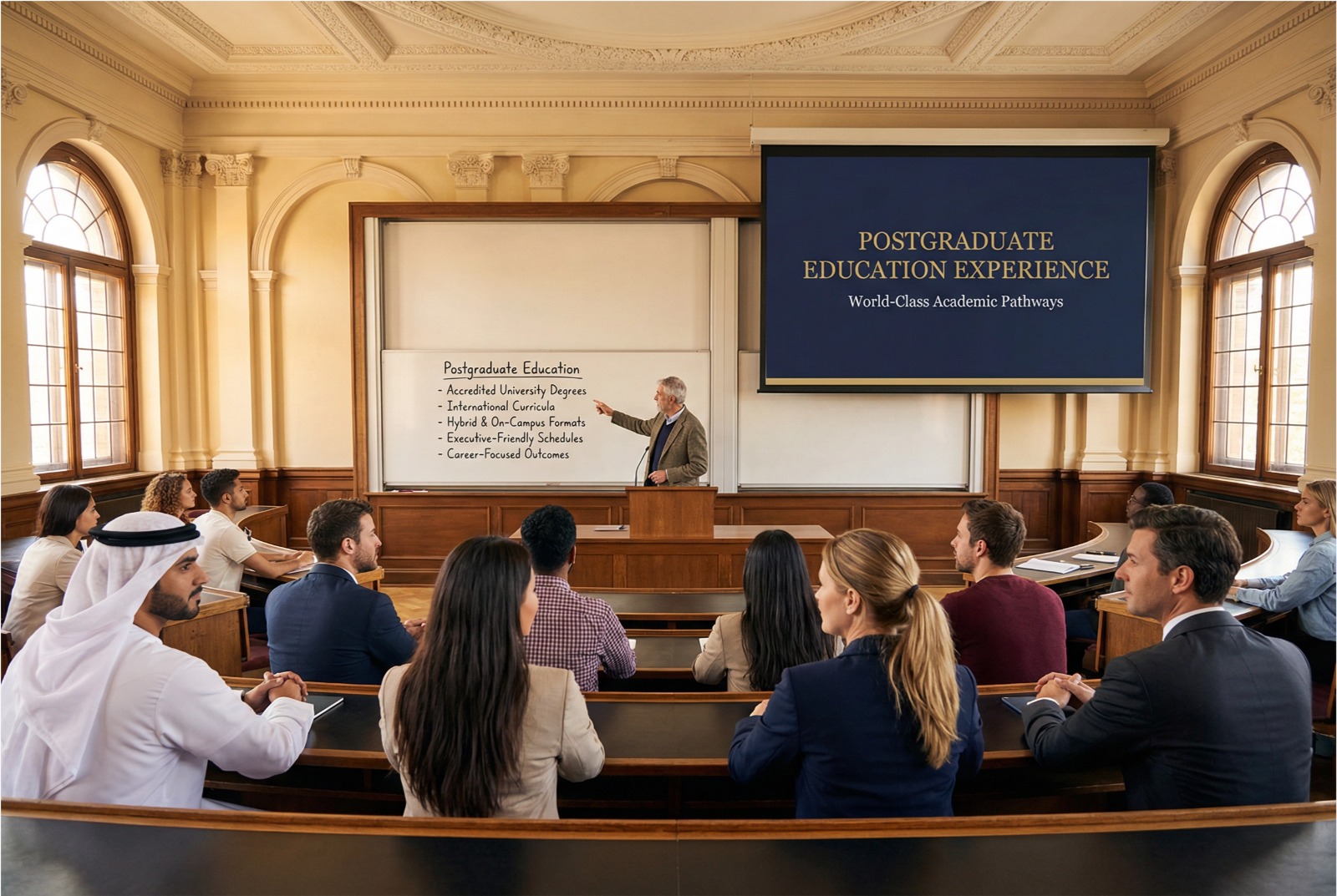 Professor delivering a lecture in a grand university theatre